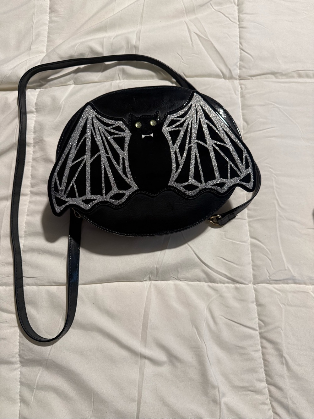 Betsey Johnson Black Crossbody with Silver Glitter Bat Motif